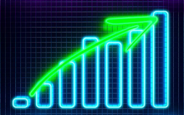 Futurystyczny Świecący Niebieski Wykres Wzrostu Zieloną Strzałką Rosnącą Ciemnym Tle — Zdjęcie stockowe