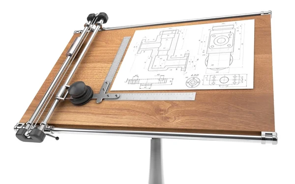 Table à dessin avec plan de projet isolé sur blanc avec clip — Photo