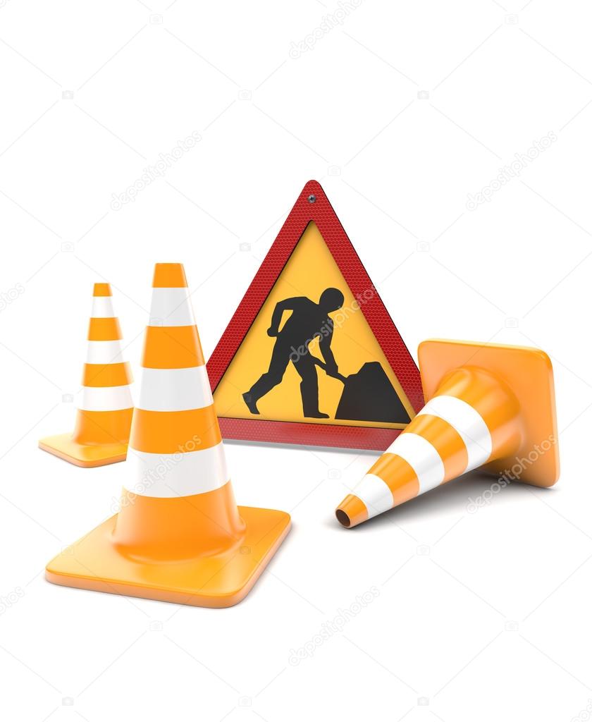 Road works, traffic cones and sign
