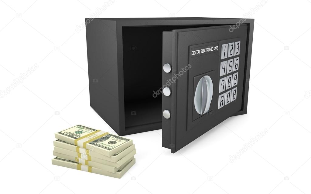 Open electronic safe with stack of money isolated on white