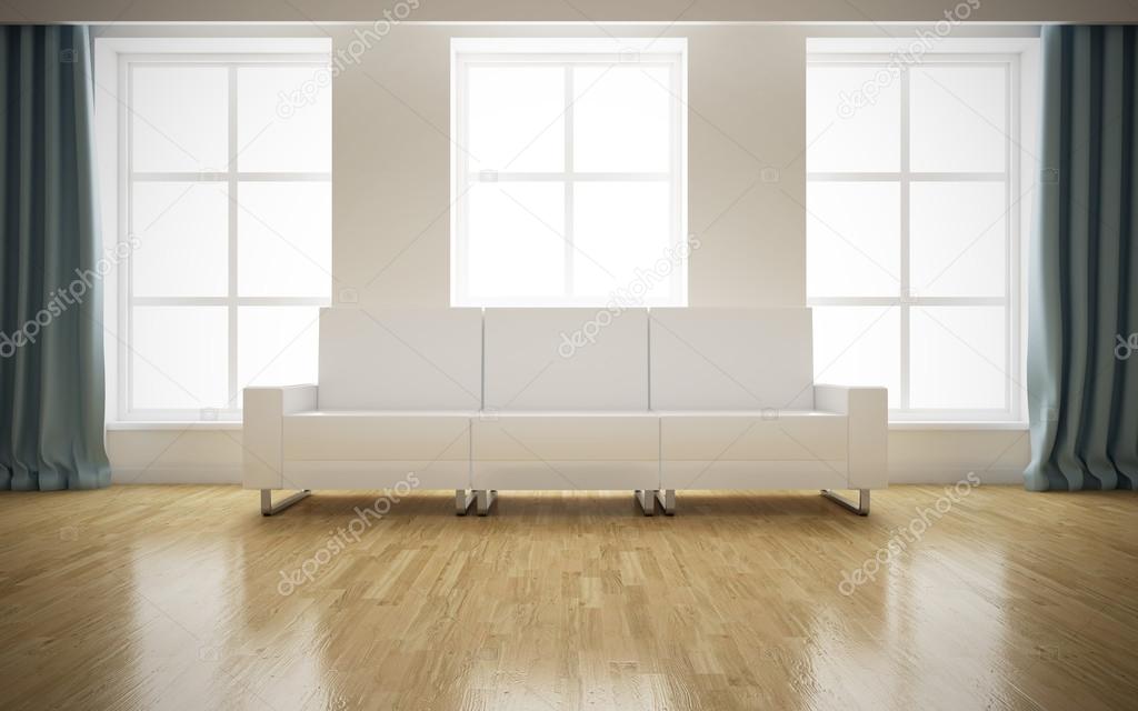 Modern bright interior with white sofa background