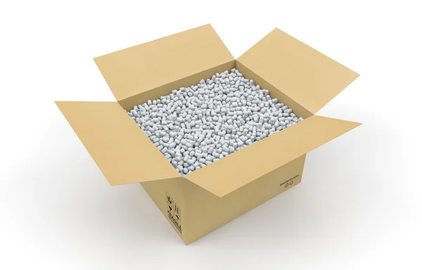 Cardboard box full of shipping protective peanuts — Stock Photo, Image