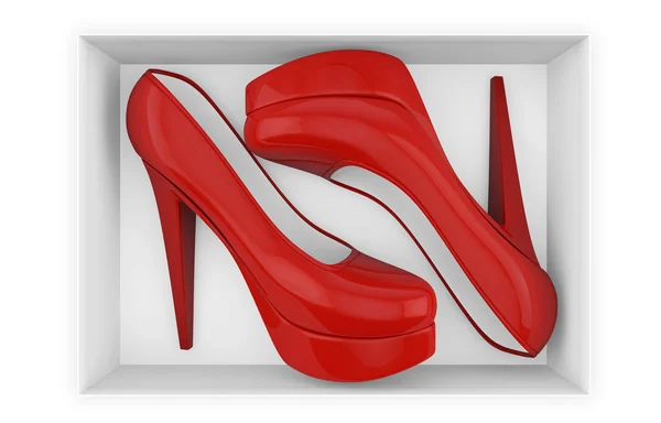 Neue rote Stöckelschuhe im Karton — Stockfoto