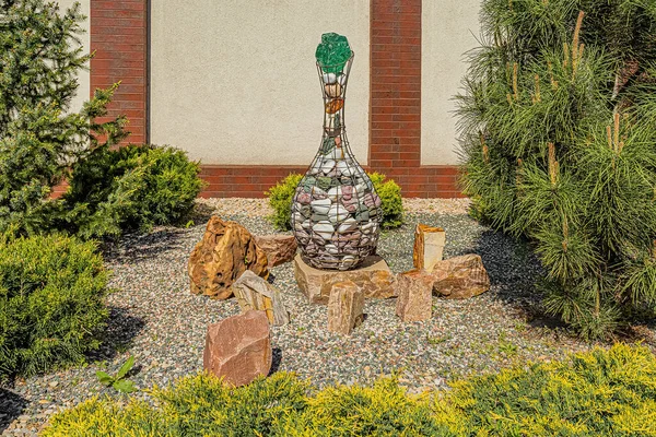Decoration Large Pebbles Bottle Standing Fir Garden — Stock Photo, Image