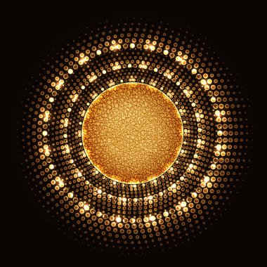 Yarım tonlu neon ışıkları ve siyah arkaplanda dokulu sarı çekirdekli soyut altın çember.