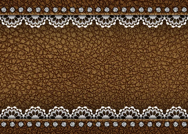 Vector Brown Leather Texture Horizontal Strips Lace Silver Sequins — Stock Vector