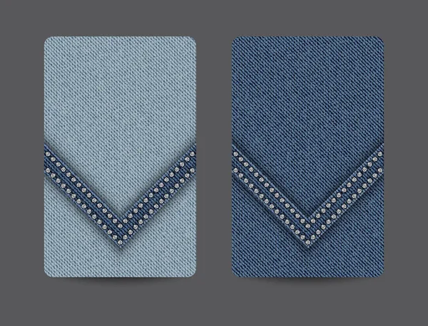Vector Card Backgrounds Blue Denim Texture Wedge Stripe Silver Sequins — Stock Vector