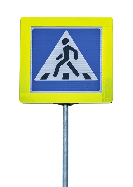 Pedestrian Crossing Sign Blue Background Yellow Border Isolated White Background — Stock Photo, Image