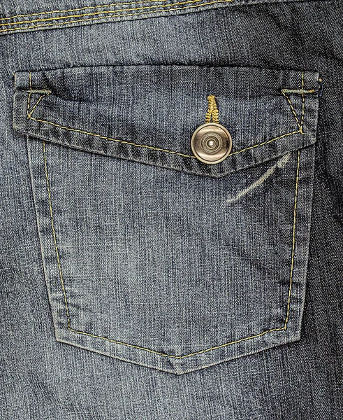 Bakficka Med Knapp Och Gula Stygnränder Jeans — Stockfoto