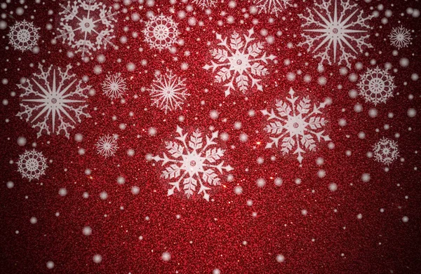 Ilustracja Bożego Narodzenia Spadającymi Białymi Płatkami Śniegu Czerwonym Błyszczącym Tle — Zdjęcie stockowe