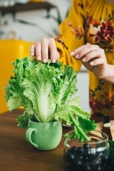 Genç ve güzel hamile kız mutfakta sebze salatası hazırlıyor. Sağlıklı beslenme kavramı. Tonlama.