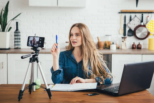 Genç ve güzel hamile bir kız karantinada kendini izole etme modunda çalışıyor ve akıllı telefonuyla video kaydediyor. Tonlama.