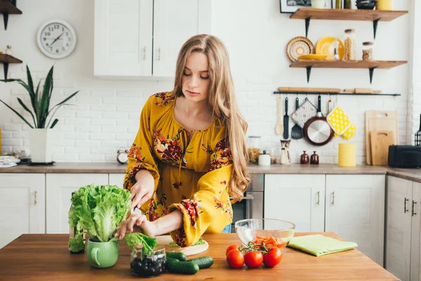 Young Cute Pregnant Girl Preparing Vegetable Salad Kitchen Concept Healthy Stock Picture