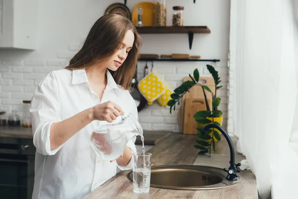 Young Cute Pregnant Girl Drinking Clean Water Kitchen Concept Healthy Stock Image