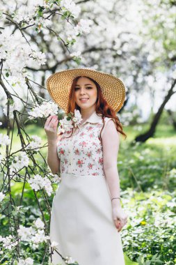 Genç, güzel, kızıl saçlı kız bahar çiçekli bir elma bahçesinde yürüyor. Boyama.