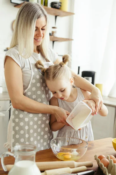 Cute Little Girl Helps Mom Bake Cookies Kitchen Happy Family — Stock Photo, Image