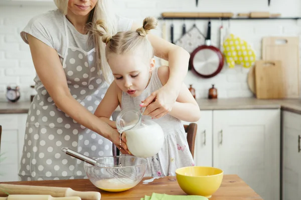 Cute Little Girl Helps Mom Bake Cookies Kitchen Happy Family Royalty Free Stock Photos