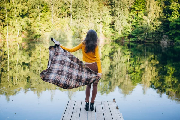 Young Woman Stands Bridge Lake Autumn Landscape Toning — Stock Photo, Image