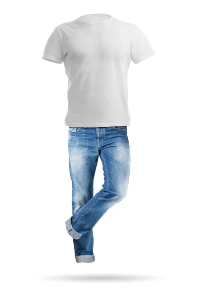 Calça jeans azul e camisa isolada no fundo branco — Fotografia de Stock