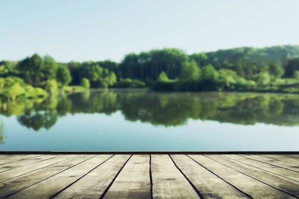 Prachtig bos met weerspiegeling in het water en hout planken — Stockfoto