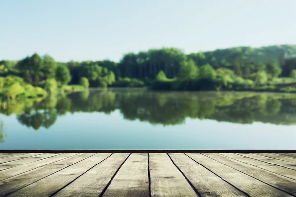 Vacker skog med reflektion i vatten och trä plankor — Stockfoto