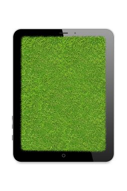 Beyaz arka plan üzerinde çim sahada ile tablet