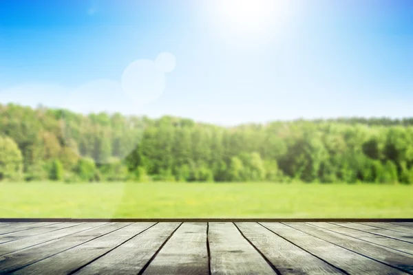 Green field under blue sky. Wood planks floor — Stock Photo, Image