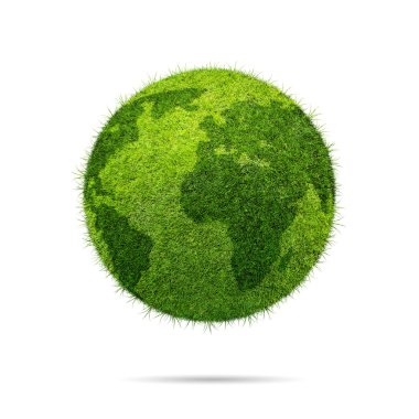 Dünya küre şeklinde yeşil çim beyaz arka plan üzerinde izole