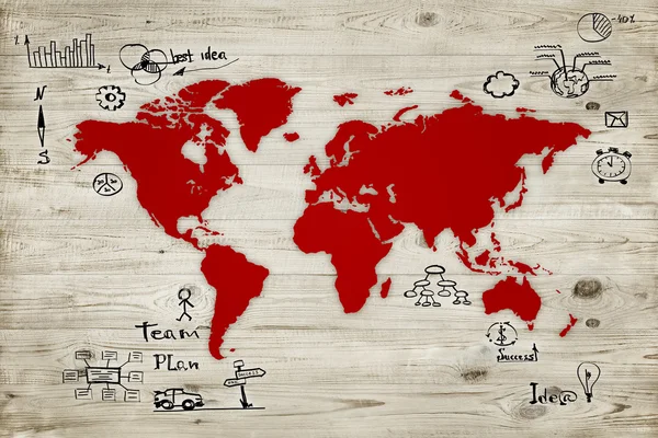 世界地图与商业草图在木材的背景 — 图库照片