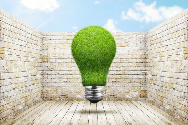 Lightbulb shape of green grass into old room background — Stock Photo, Image