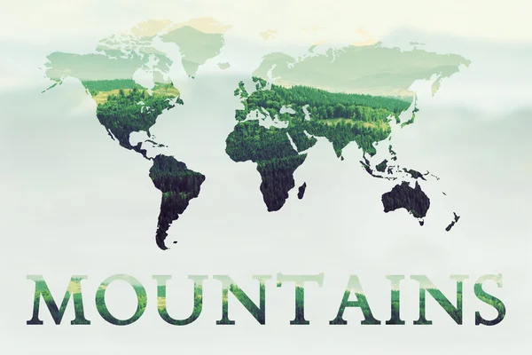 Double exposure of green mountains forest and world map — Stock Photo, Image