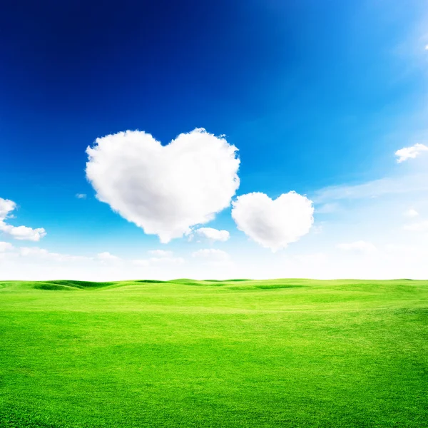 Yeşil alan ve kalp şekli bulutlar — Stok fotoğraf