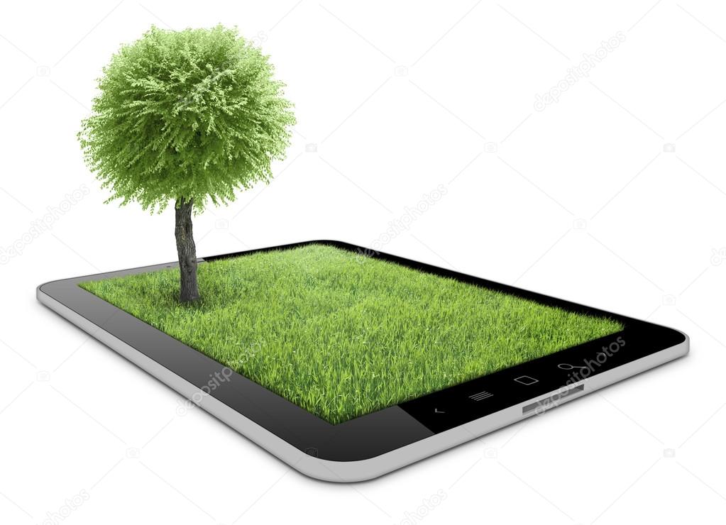 Tablet with grass field and tree