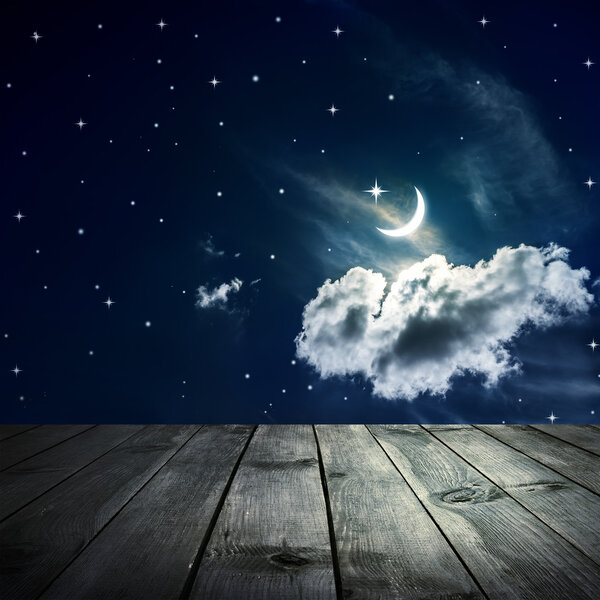 Night sky with stars and moon, wooden planks