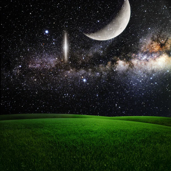 Зеленое поле под ночным небом — стоковое фото