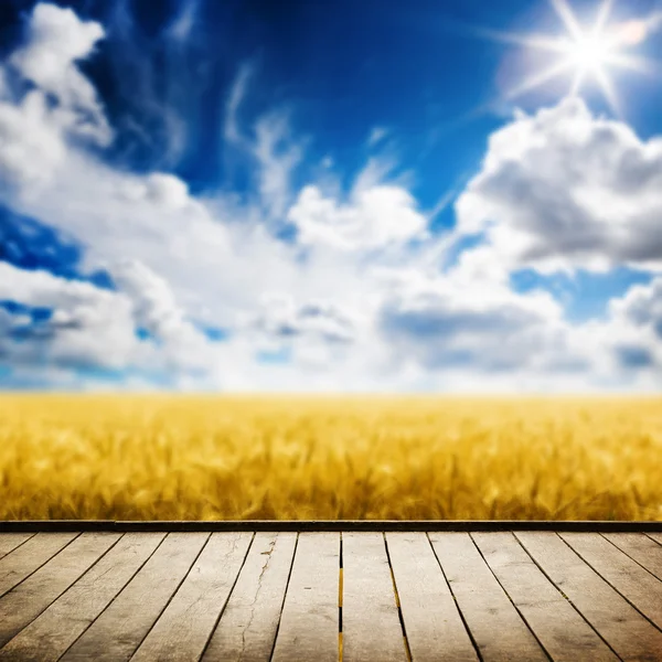 Houten vloer over gele tarweveld — Stockfoto