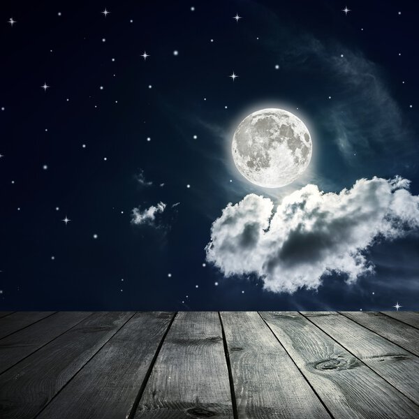Night sky with stars and full moon, wooden planks. Elements of this image furnished by NASA