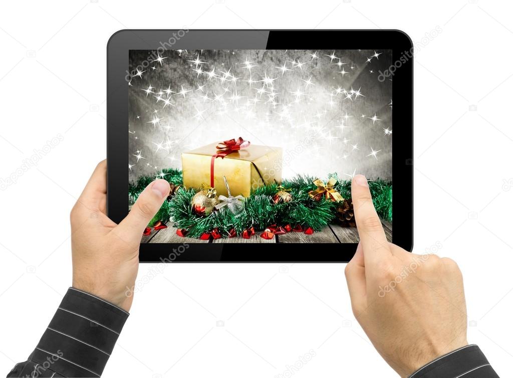 Black Tablet Pc Like Ipade In Hands With Christmas Wallpaper Choosing Gift Concept Photo By Robertsrob Black Tablet Pc Like Ipade In Hands With Christmas Wallpaper Choosing Gift Concept Photo By Robertsrob
