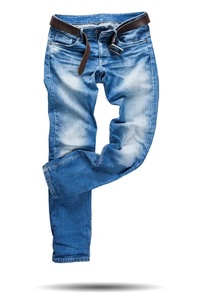 Голубые джинсы брюки с кожаным ремнем — стоковое фото