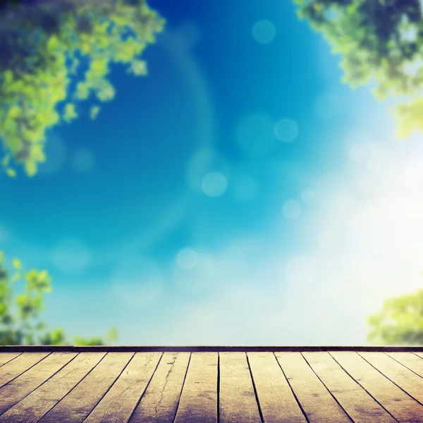 新鮮な春の緑葉青ボケと日光と木製の床 — ストック写真