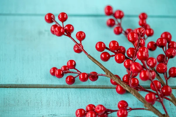 Christmas Decorations Red Berries Wooden Background Close — Stock Photo, Image