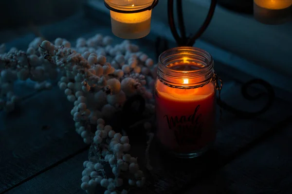 Burning Candle Dark Wooden Background Close — Stock Photo, Image