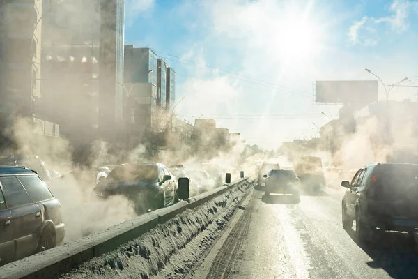 Pollution Exhaust Cars City Winter Smoke Cars Cold Winter Day — Stock Photo, Image