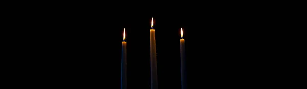 Burning Candles Candelabra Black Background Close — Stock Photo, Image