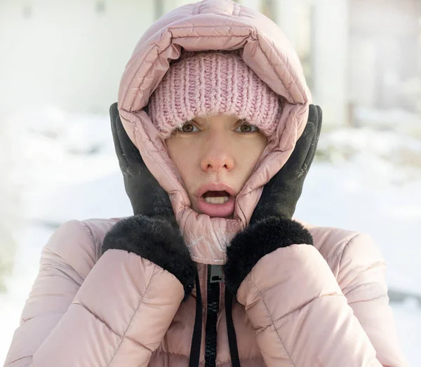 Chica Una Chaqueta Plumón Rosa Frío Amargo Invierno Cara Congelada Imagen De Stock