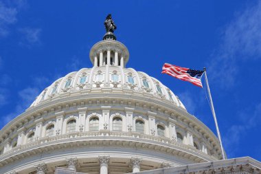ABD Ulusal Meclisi. Washington DC 'de bir dönüm noktası. Birleşik Devletler Kongre Binası. Amerikan bayrağı.