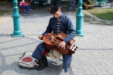BUDAPEST, HUNGARY - 20 Haziran 2014: Sokak sanatçısı Budapeşte 'de hurdy gurdy folk müzik çalıyor. Hurdy-gurdy geleneksel bir ip enstrümanıdır. Tekerlek kemanı olarak da bilinir..