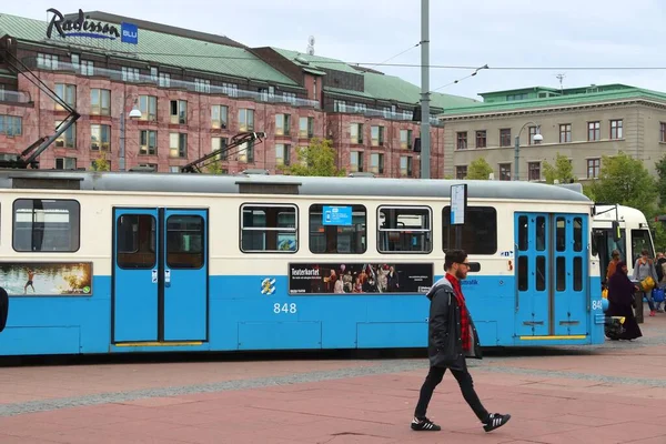 Gothenburg Svédország August 2018 Kék Villamos Göteborgban Svédországban Göteborg Legnagyobb — Stock Fotó