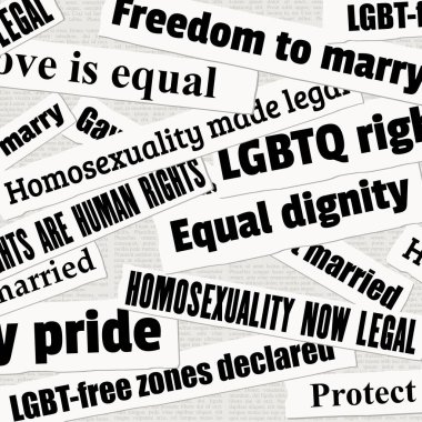 Eşcinsel hakları ve LGBT eşitlik gazetesi başlıkları. Haber başlığı koleksiyon vektörü.