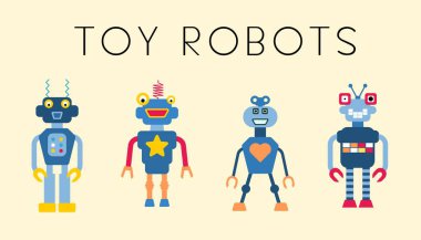 Klasik oyuncak robotlar vektör koleksiyonu. Retro tarzı sevimli robot karakter çizim seti.
